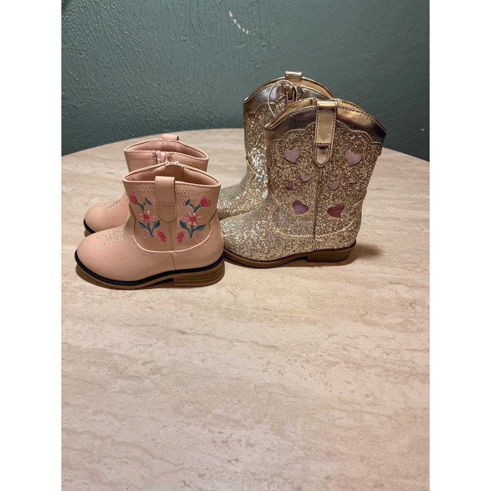 Cat & Jack Toddler Girls Western Boots Bundle Pink Floral Gold Glitter Heart 7